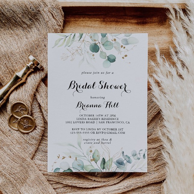 Rustic Eucalyptus Gold Calligraphy Bridal Shower Invitation (Creator Uploaded)