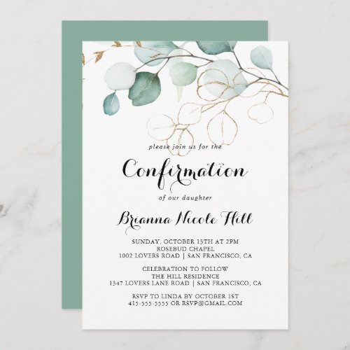 Rustic Eucalyptus Gold Calligraphy Confirmation Invitation