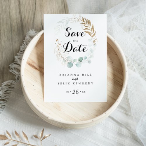 Rustic Eucalyptus Gold Calligraphy Save the Date Postcard