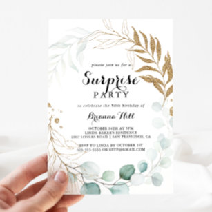 Rustic Eucalyptus Gold Calligraphy Surprise Party Invitation