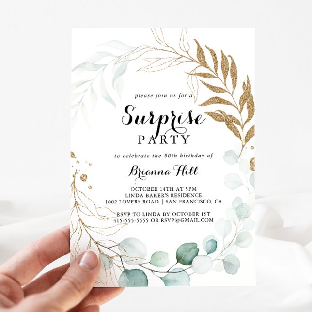 Rustic Eucalyptus Gold Calligraphy Surprise Party Invitation (Creator Uploaded)