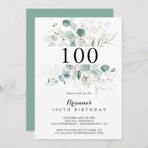 Rustic Eucalyptus Gold Floral 100th Birthday Party Invitation
