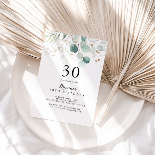 Rustic Eucalyptus Gold Floral 30th Birthday Party Invitation