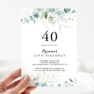 Rustic Eucalyptus Gold Floral 40th Birthday Party Invitation