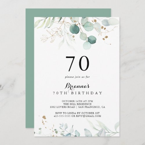 Rustic Eucalyptus Gold Floral 70th Birthday Party Invitation