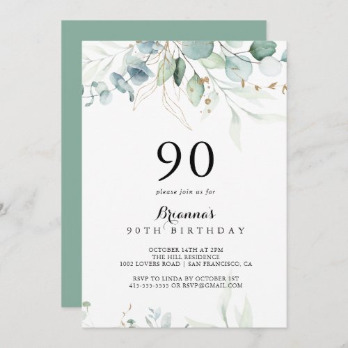 Rustic Eucalyptus Gold Floral 90th Birthday Party Invitation
