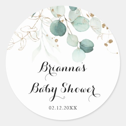 Rustic Eucalyptus Gold Floral Baby Shower Favor Classic Round Sticker