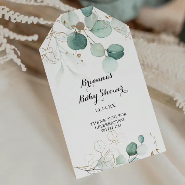Rustic Eucalyptus Gold Floral Baby Shower Gift Tags | Zazzle
