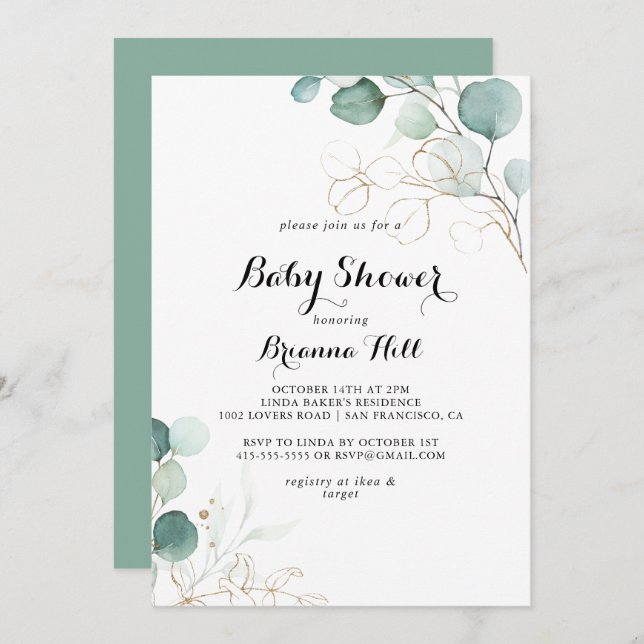 Rustic Eucalyptus Gold Floral Baby Shower Invitation (Front/Back)