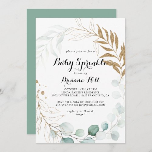 Rustic Eucalyptus Gold Floral Baby Sprinkle Invitation