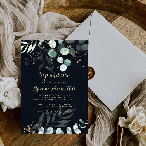 Rustic Eucalyptus Gold Floral Blue Sip and See Invitation