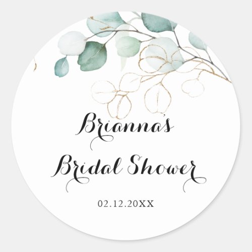 Rustic Eucalyptus Gold Floral Bridal Shower Favor Classic Round Sticker