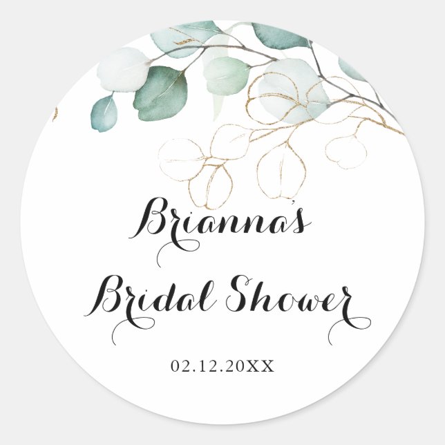 Rustic Eucalyptus Gold Floral Bridal Shower Favor Classic Round Sticker (Front)