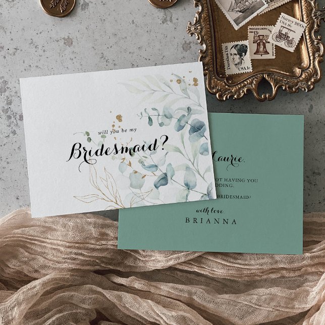 Rustic Eucalyptus Gold Floral Bridesmaid Proposal Note Card (Creator Uploaded)