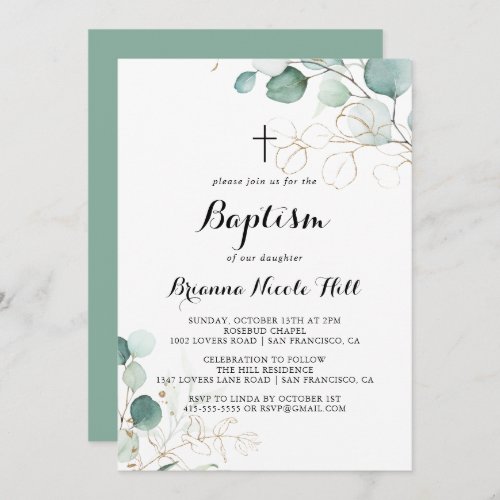 Rustic Eucalyptus Gold Floral Calligraphy Baptism Invitation