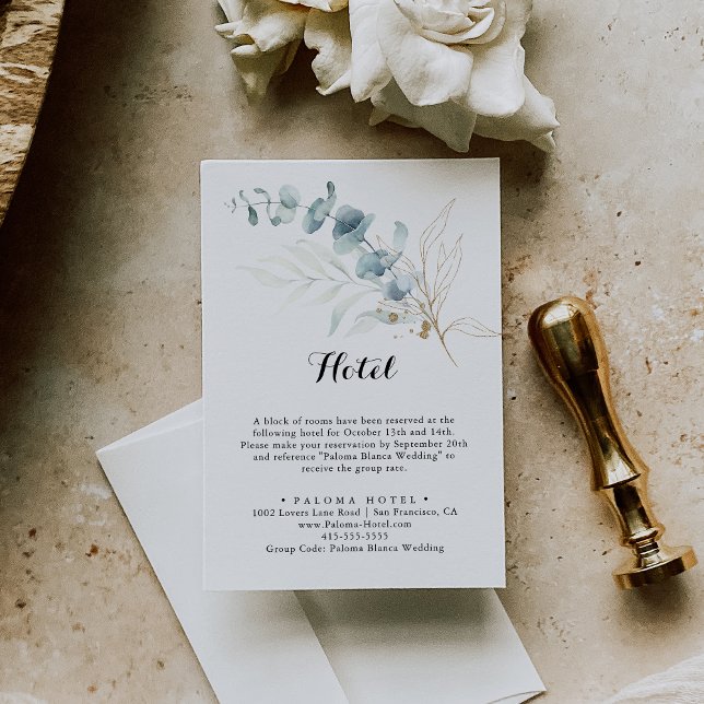 Rustic Eucalyptus Gold Floral Calligraphy Hotel Enclosure Card (Creator Uploaded)