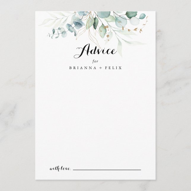 Rustic Eucalyptus Gold Floral Calligraphy Wedding Advice Card (Front)