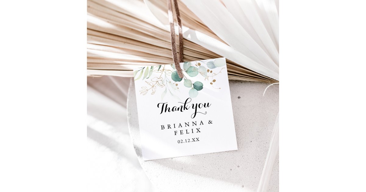 Rustic Eucalyptus Gold Floral Calligraphy Wedding Favor Tags | Zazzle