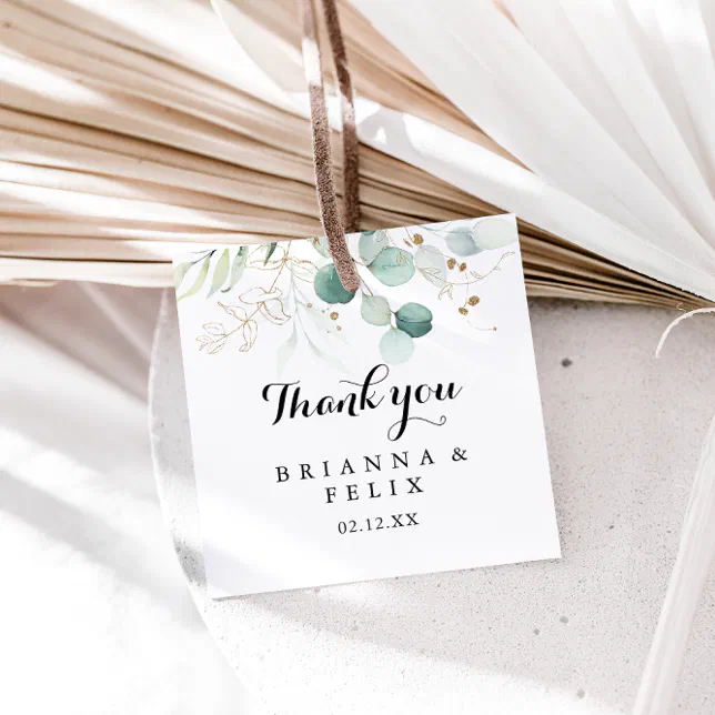 Rustic Eucalyptus Gold Floral Calligraphy Wedding Favor Tags | Zazzle