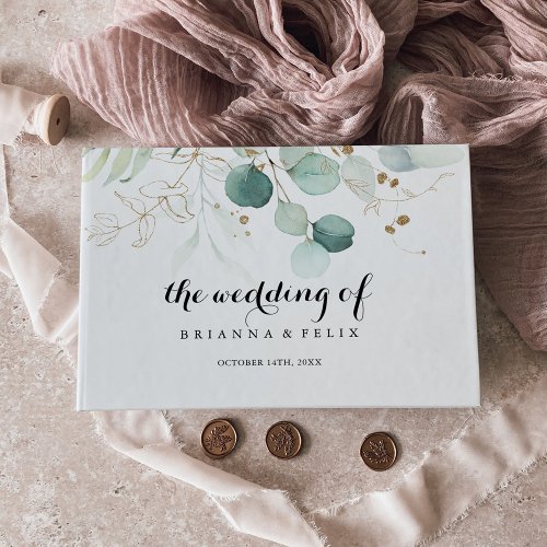 Rustic Eucalyptus Gold Floral Calligraphy Wedding Guest Book