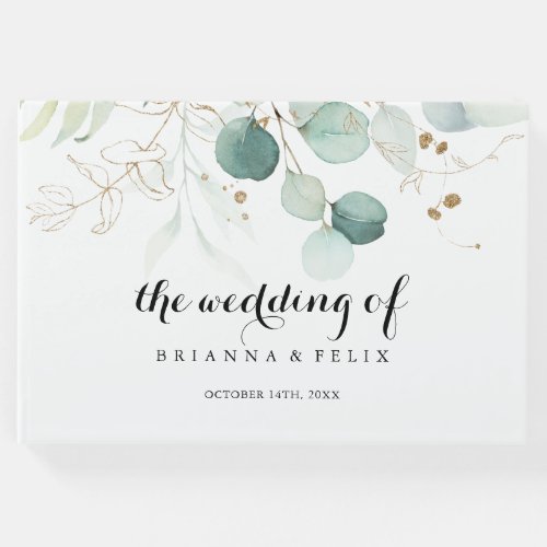 Rustic Eucalyptus Gold Floral Calligraphy Wedding Guest Book