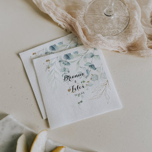 Rustic Eucalyptus Gold Floral Calligraphy Wedding Napkins