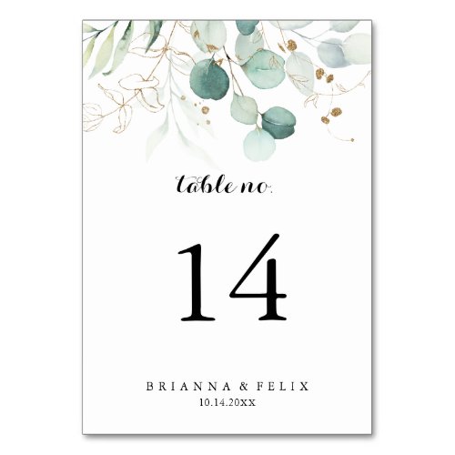 Rustic Eucalyptus Gold Floral Calligraphy Wedding Table Number