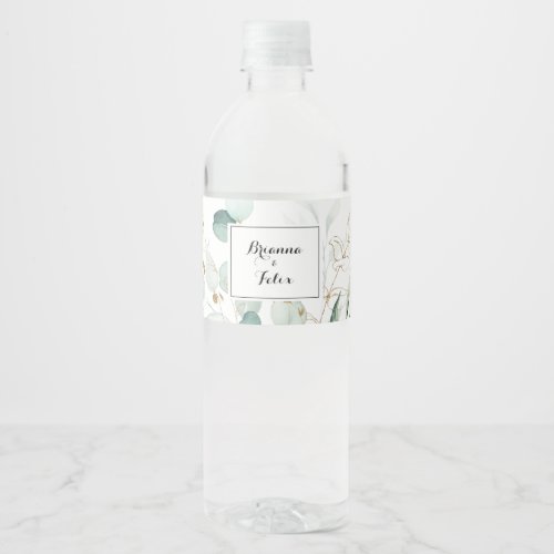 Rustic Eucalyptus Gold Floral Calligraphy Wedding Water Bottle Label