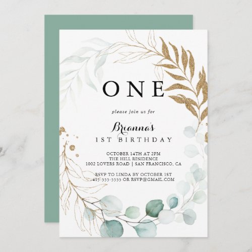 Rustic Eucalyptus Gold Floral First Birthday Party Invitation
