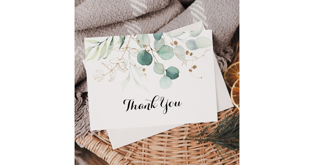 Rustic Eucalyptus Gold Floral Flat Wedding Thank You Card | Zazzle