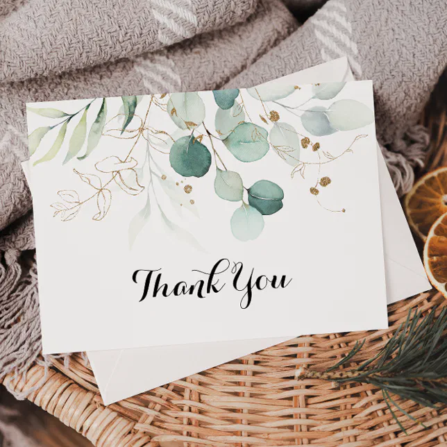 Rustic Eucalyptus Gold Floral Flat Wedding Thank You Card | Zazzle