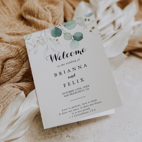 Rustic Eucalyptus Gold Floral Folded Wedding Program