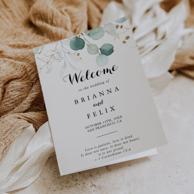 Rustic Eucalyptus Gold Floral Folded Wedding Program (Creator Uploaded)