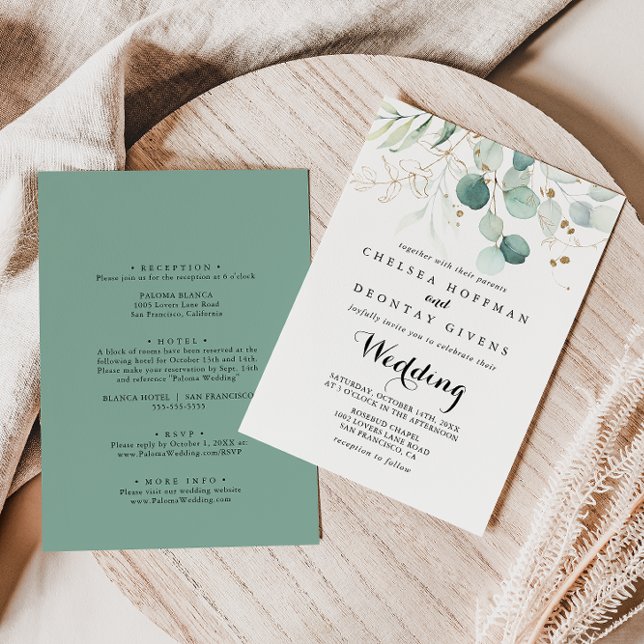Rustic Eucalyptus Gold Floral Front & Back Wedding Invitation (Creator Uploaded)