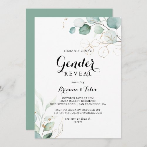 Rustic Eucalyptus Gold Floral Gender Reveal Party Invitation