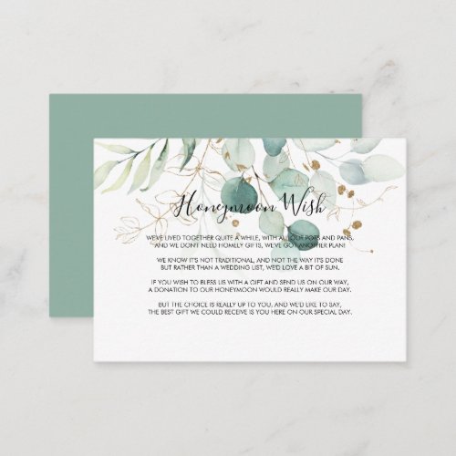 Rustic Eucalyptus Gold Floral Honeymoon Wish Enclosure Card