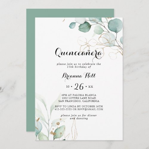 Rustic Eucalyptus Gold Floral Quinceaera Invitation