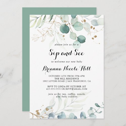 Rustic Eucalyptus Gold Floral Sip and See Invitation