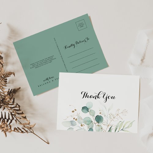 Rustic Eucalyptus Gold Floral Thank You Postcard