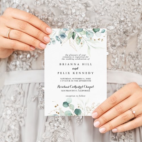 Rustic Eucalyptus Gold Floral Traditional Wedding Invitation