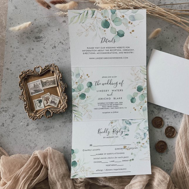 Rustic Eucalyptus Gold Floral Tri-Fold Invitation (Creator Uploaded)