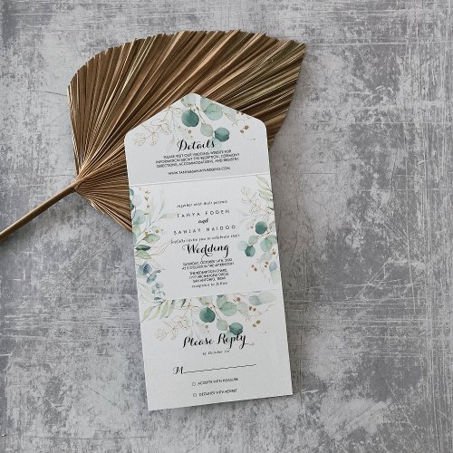 Rustic Eucalyptus Gold Floral Wedding  All In One Invitation