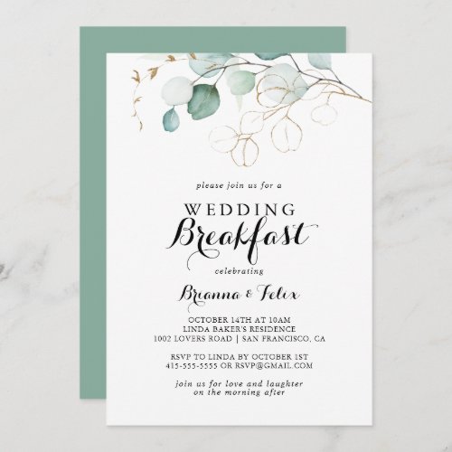 Rustic Eucalyptus Gold Floral Wedding Breakfast Invitation