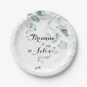 Rustic Eucalyptus Gold Floral Wedding Cake Paper Plates