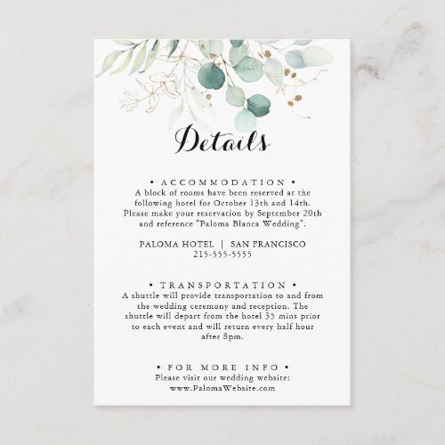 Rustic Eucalyptus Gold Floral Wedding Details Enclosure Card