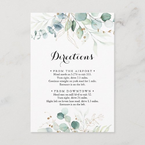 Rustic Eucalyptus Gold Floral Wedding Directions Enclosure Card