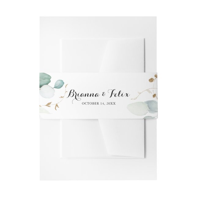 Rustic Eucalyptus Gold Floral Wedding Invitation Belly Band (Front Example)
