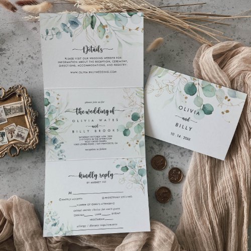 Rustic Eucalyptus Gold Floral Wedding of Tri_Fold Invitation