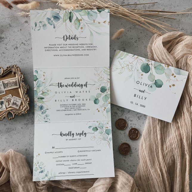 Rustic Eucalyptus Gold Floral Wedding of Tri-Fold Invitation (Creator Uploaded)