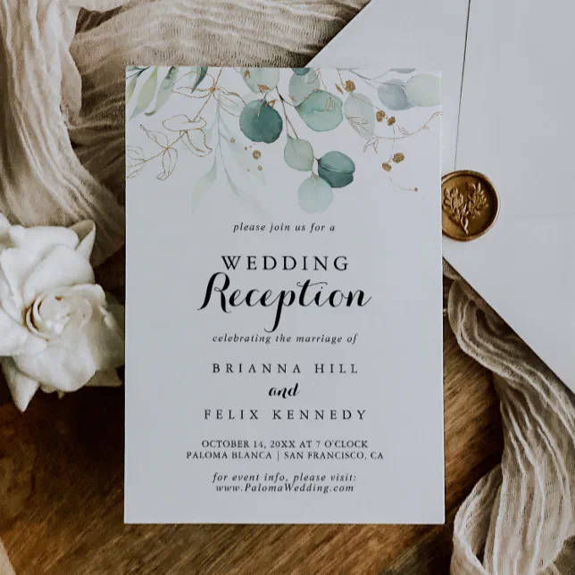 Rustic Eucalyptus Gold Floral Wedding Reception Invitation | Zazzle